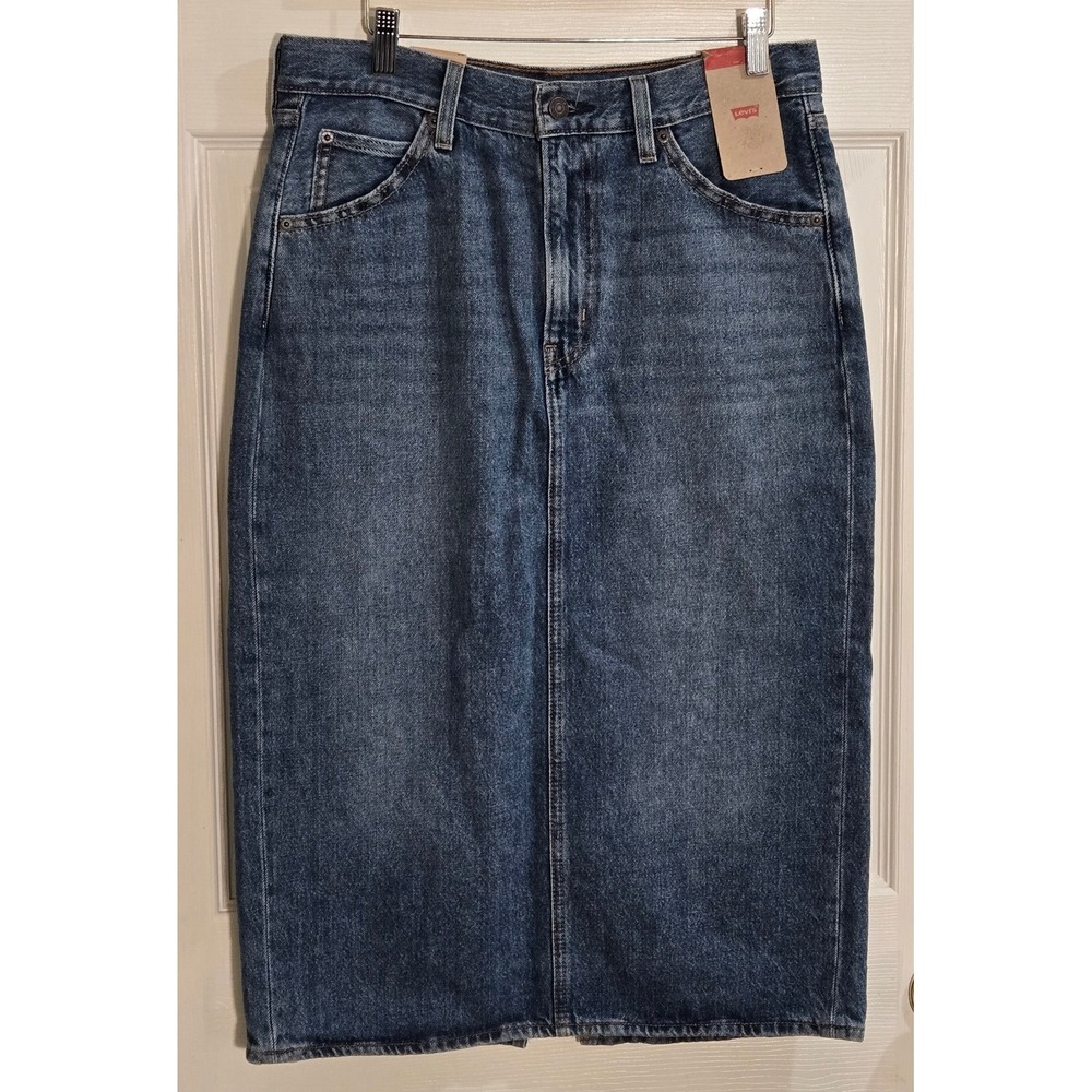 Levis Denim Midi Skirt Medium Wash 100% Cotton Straight Back Slit Size 29 NEW